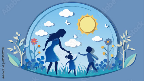 Vector illustration of family under protective dome with flowers and sun
