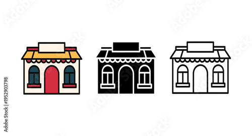 
Cafe and Bakery Storefront Icon Set - Color, Silhouette, and Outline Styles
