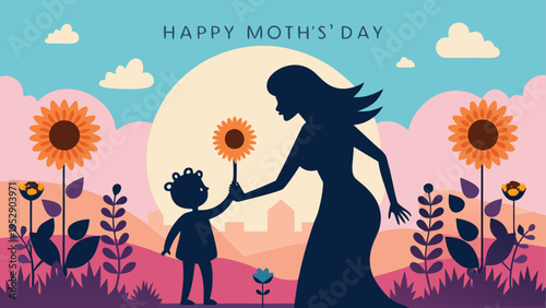 Mother's Day illustration with family and flowers vector