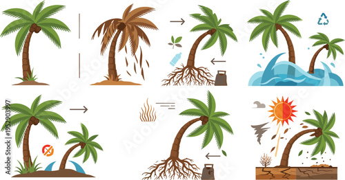 Palm tree lifecycle and environmental effects vector illustration showing growth decay climate impact and tropical ecosystem changes design set