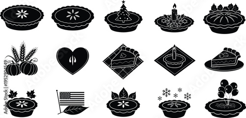 Thanksgiving and Christmas Pie Silhouette Bundle with Pumpkin Wheat American Flag and Seasonal Holiday Bakery Elements for Autumn Festival Design Isolated on White Background