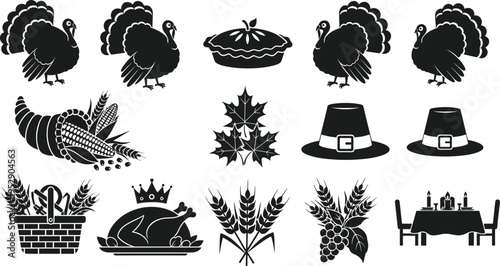 Thanksgiving Silhouette Bundle with Turkey Pilgrim Hat Cornucopia and Harvest Elements for Autumn Holiday Celebration Design Icons Set Isolated on Plain White Background