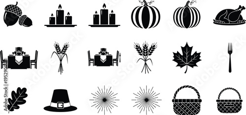 Thanksgiving Silhouette Icon Bundle with Pumpkin Roast Turkey Pilgrim Hat and Harvest Elements for Autumn Holiday Celebration Design Icons Set Isolated on White Background