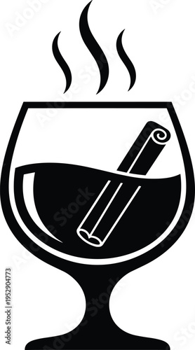 Hot mulled wine glass with cinnamon stick and steam, winter warm beverage icon, cozy holiday drink illustration, black and white vector design