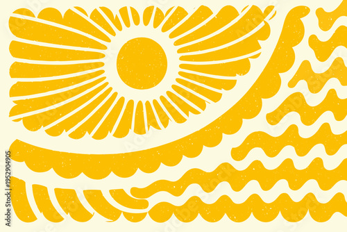 Abstract yellow sun and wave illustration with a textured retro style
