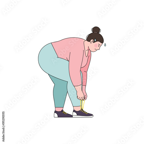 Overweight woman tying shoelaces while exercising and feeling tired  