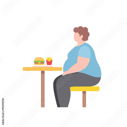 Overweight person sitting at a table with burger and fries - Concept of Obesity & Overweight  