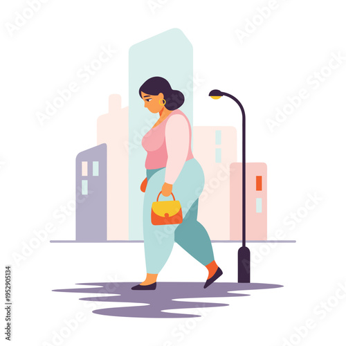 Woman walking with handbag in city setting