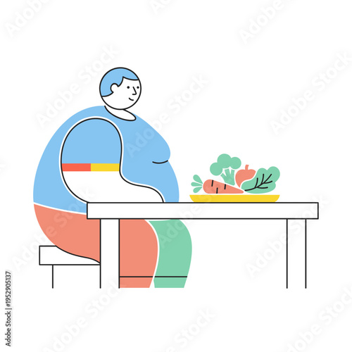 Overweight person sitting at table with healthy vegetables - Concept of Obesity & Overweight  