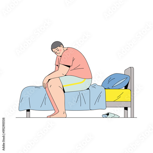 Overweight man sitting on bed with head down and sad expression  
