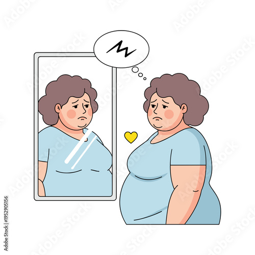 Overweight woman looking at herself in mirror with sad expression Concept of Obesity & Overweight  