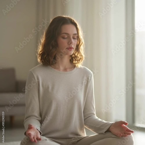 Woman sitting calmly near window in natural light