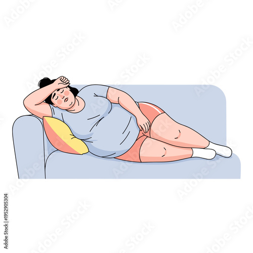 Overweight woman relaxing on couch with hand on forehead and closed eyes 