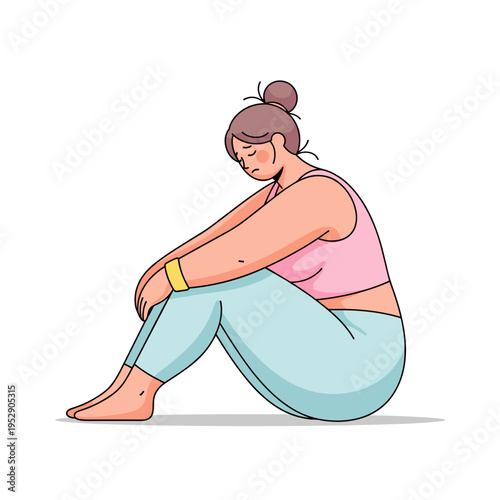 Overweight woman sitting with legs crossed and looking down  