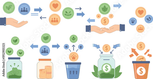 Sustainable finance and social impact vector illustration with donations investments community support and eco friendly money flow concepts
