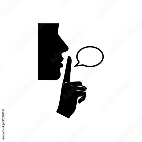 Silhouette of a person with finger on lips and speech bubble, silence concept