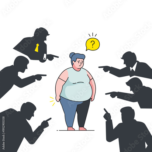 Overweight woman feeling judged by silhouettes of men in a critical situation  