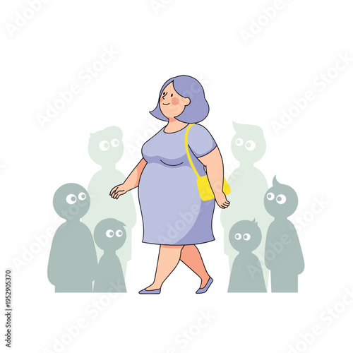 Overweight woman walking confidently among abstract figures.  Accepting Your Body