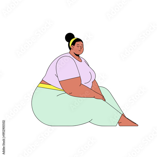 Overweight woman sitting calmly with closed eyes in casual attire  