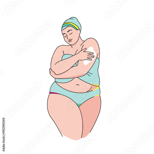 Plus-size woman applying lotion with a thoughtful expression  