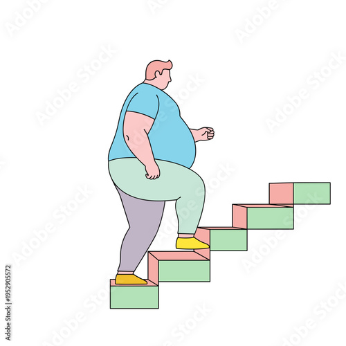 Overweight man climbing steps with determination in a colorful style  