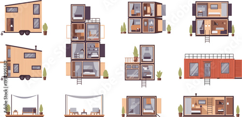 Tiny homes and container house vector set with modular architecture interiors mobile living and modern compact housing illustration collection