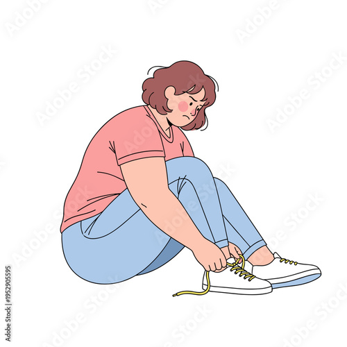 Overweight woman sitting on the floor tying shoelaces looking concerned  