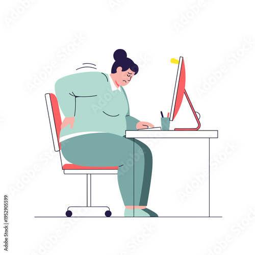 Overweight woman sitting at desk with back pain while working  