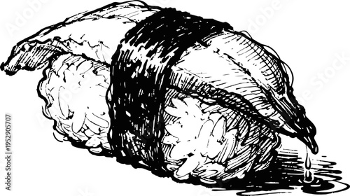 Hand drawn illustration of traditional nigiri sushi with rice, fish, and seaweed wrap dripping sauce