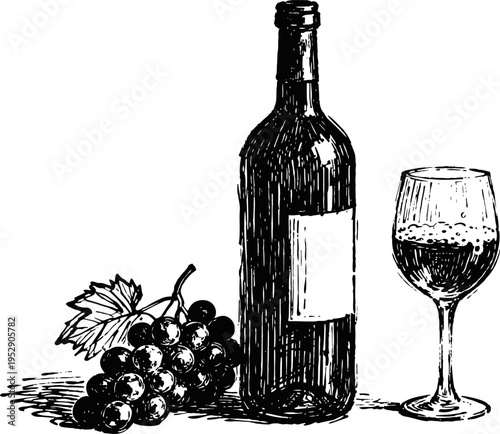 Vintage black and white sketch of wine bottle, glass with red wine, and grape bunch with leaves