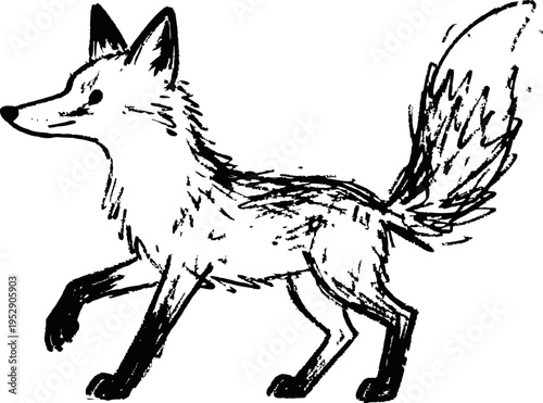 Hand drawn fox illustration with detailed fur and bushy tail, playful walking animal sketch