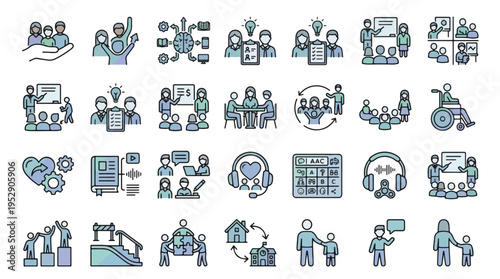 Special Education Icon Set in Linear Style. A collection of linear icons including accessibility, classroom, student, teacher, AAC, disability, support, therapy, and more. Editable Stroke.