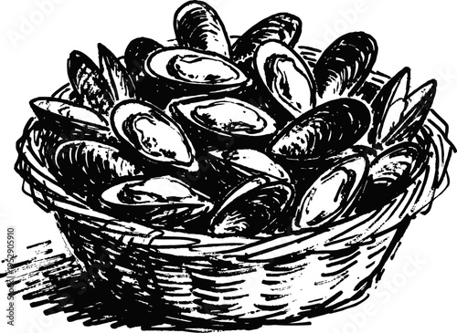 basket woven basket filled with fresh mussels seafood shellfish illustration