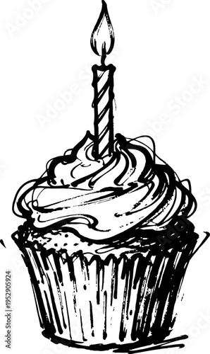 Hand drawn birthday cupcake with lit candle, frosting swirl, and textured cupcake liner sketch