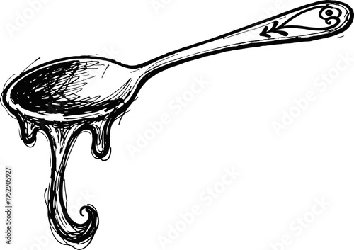 Hand drawn spoon with flowing honey dripping down artistic vintage sketch illustration