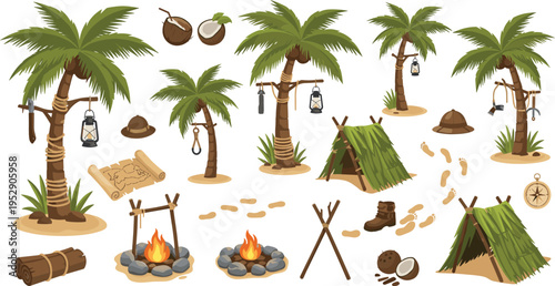 Tropical island survival camping vector set with palm trees tents campfire lanterns explorer equipment and adventure elements illustration