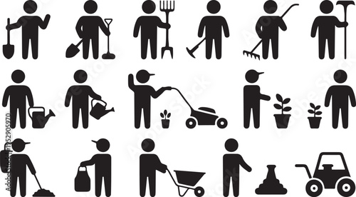 Fifteen black and white icons depicting people performing various gardening and outdoor yard work activities