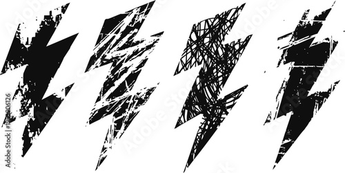 grunge lightning bolt icons set of four distressed electric energy symbols, dynamic jagged shapes in black isolated on white
