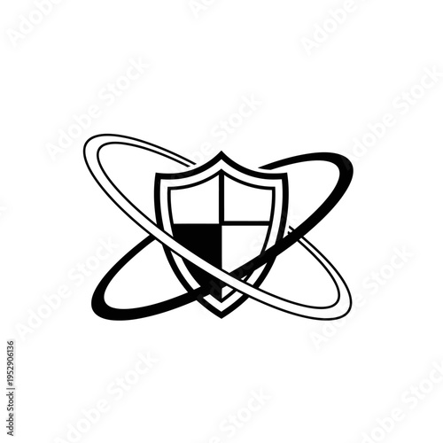 Shield emblem with orbiting rings, security and protection concept