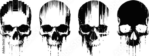 Grunge skull silhouettes with vertical paint drip effect, dark gothic horror design elements