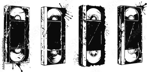 Vintage vhs cassette tape in distressed black and white from multiple angles