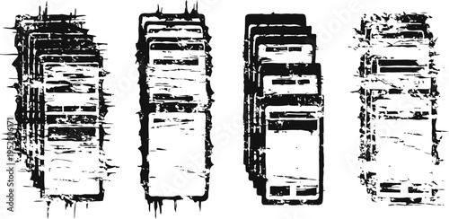 four abstract black ink stacks in descending detail with grunge texture on white background