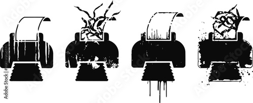 Abstract printers bursting with paper and ink splatters in black silhouette