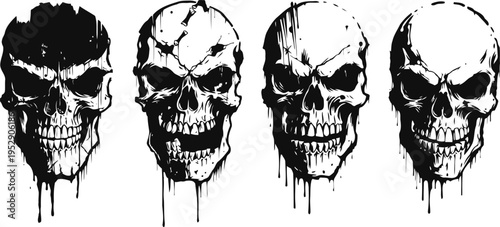 Dripping skull illustrations in black and white, spooky halloween horror symbol set