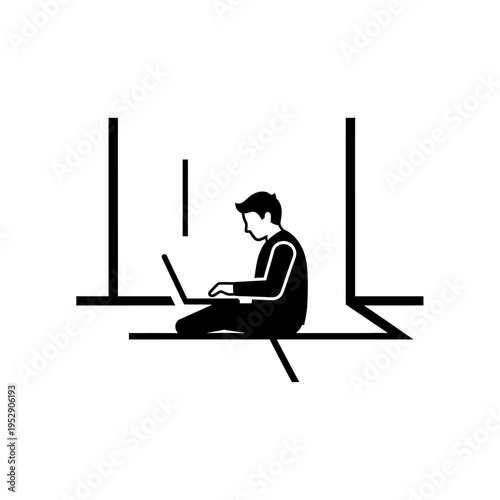 Silhouette Man Working on Laptop Computer in Minimalist Space