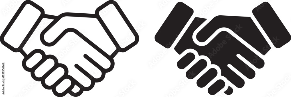 Fototapeta premium Distinct black outline and solid silhouette icons showing two hands engaging in a firm handshake