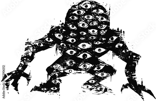 Creepy silhouette monster with multiple eyes scary creature shadow with many staring eyes horror design