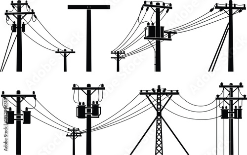Utility pole silhouettes, electrical towers, power lines, transformer structures, grid infrastructure, energy system, rural network, silhouette design, electric sketch, distribution art
