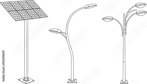 Solar pole, dual-head street lamp, triple-head light post, silhouette design, urban infrastructure, public lighting, energy system, outdoor fixture, sustainable power, vector sketch