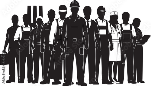Industrial workers silhouette vector line art illustration, factory employees with tools and uniform